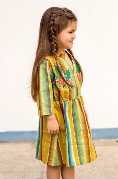 GIRLS MUSTARD SERAPE EMBROIDERY DRESS